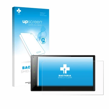 Parte frontal de un envase de producto con el logotipo de la marca upscreen. Al lado se muestra el dispositivo Pioneer SPH-DA3
