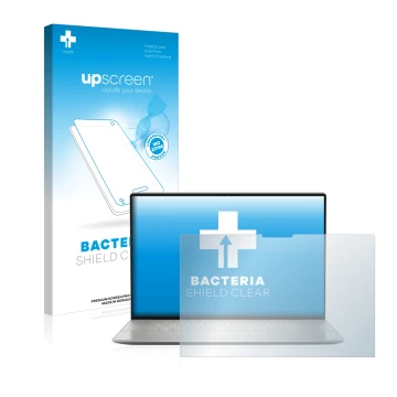 Parte frontal de un envase de producto con el logotipo de la marca upscreen. Al lado se muestra el dispositivo Dell XPS 13 Plu