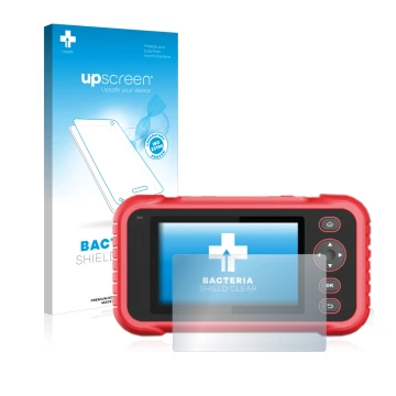 Parte frontal de un envase de producto con el logotipo de la marca upscreen. Al lado se muestra el dispositivo Launch CRP 123 