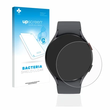 Parte frontal de un envase de producto con el logotipo de la marca upscreen. Al lado se muestra el dispositivo Samsung Galaxy 