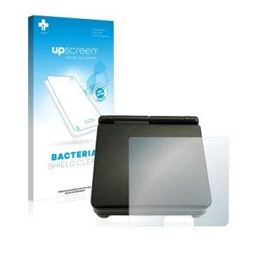 Parte frontal de un envase de producto con el logotipo de la marca upscreen. Al lado se muestra el dispositivo Nintendo Gamebo