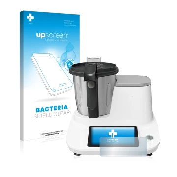 Parte frontal de un envase de producto con el logotipo de la marca upscreen. Al lado se muestra el dispositivo Moulinex Click&