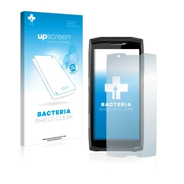 Parte frontal de un envase de producto con el logotipo de la marca upscreen. Al lado se muestra el dispositivo Crosscall Core-