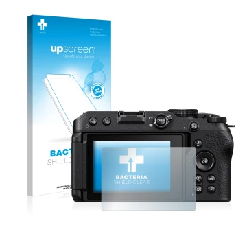 Parte frontal de un envase de producto con el logotipo de la marca upscreen. Al lado se muestra el dispositivo Nikon Z 30 con 