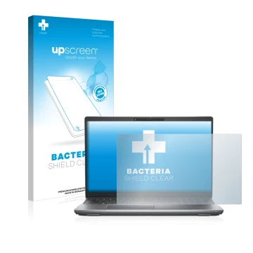 Parte frontal de un envase de producto con el logotipo de la marca upscreen. Al lado se muestra el dispositivo Dell Latitude 5
