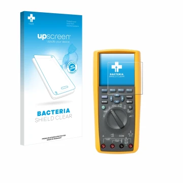 Parte frontal de un envase de producto con el logotipo de la marca upscreen. Al lado se muestra el dispositivo Fluke 287 con s
