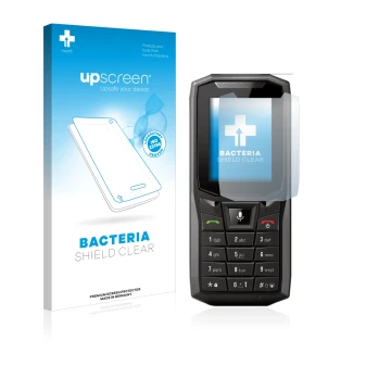 Parte frontal de un envase de producto con el logotipo de la marca upscreen. Al lado se muestra el dispositivo Crosscall Core-