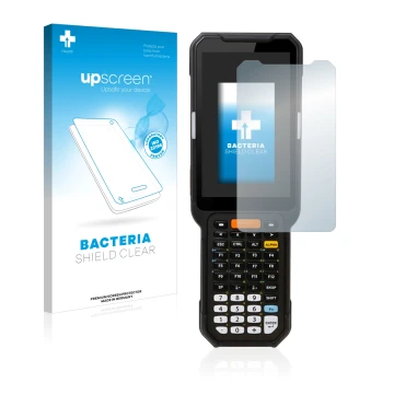 Parte frontal de un envase de producto con el logotipo de la marca upscreen. Al lado se muestra el dispositivo Point Mobile PM