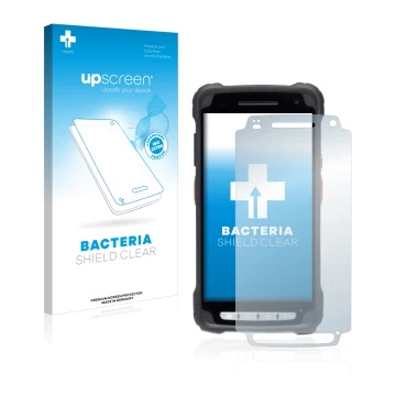 Parte frontal de un envase de producto con el logotipo de la marca upscreen. Al lado se muestra el dispositivo Janam XT3 con s