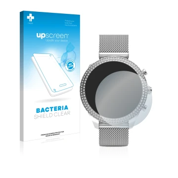 Parte frontal de un envase de producto con el logotipo de la marca upscreen. Al lado se muestra el dispositivo Fossil Stella (