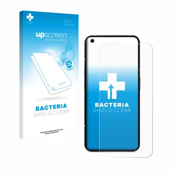 Parte frontal de un envase de producto con el logotipo de la marca upscreen. Al lado se muestra el dispositivo Nothing Phone (