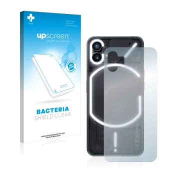 Parte frontal de un envase de producto con el logotipo de la marca upscreen. Al lado se muestra el dispositivo Nothing Phone (