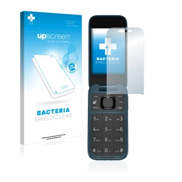 Parte frontal de un envase de producto con el logotipo de la marca upscreen. Al lado se muestra el dispositivo Nokia 2660 Flip