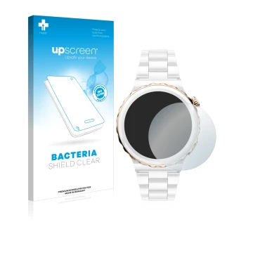 Parte frontal de un envase de producto con el logotipo de la marca upscreen. Al lado se muestra el dispositivo Huawei Watch GT