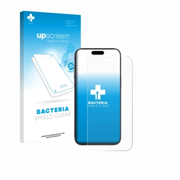 Parte frontal de un envase de producto con el logotipo de la marca upscreen. Al lado se muestra el dispositivo Apple iPhone 14