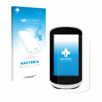 Parte frontal de un envase de producto con el logotipo de la marca upscreen. Al lado se muestra el dispositivo Garmin Edge Exp