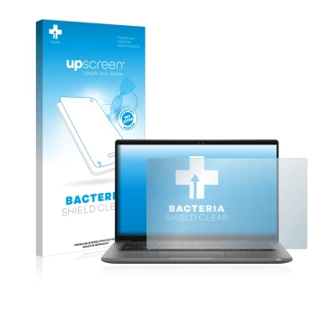 Parte frontal de un envase de producto con el logotipo de la marca upscreen. Al lado se muestra el dispositivo Dell Latitude 1