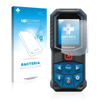 Parte frontal de un envase de producto con el logotipo de la marca upscreen. Al lado se muestra el dispositivo Bosch GLM 50-27