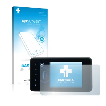 Parte frontal de un envase de producto con el logotipo de la marca upscreen. Al lado se muestra el dispositivo Dacia Jogger 20