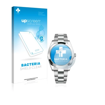 Parte frontal de un envase de producto con el logotipo de la marca upscreen. Al lado se muestra el dispositivo Rolex Datejust 