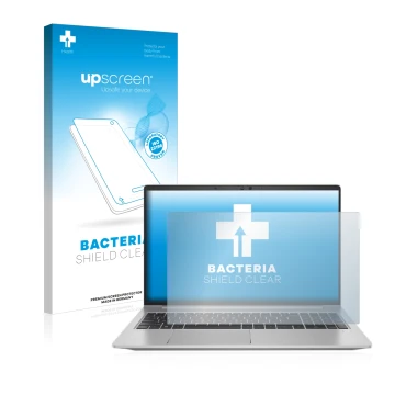 Parte frontal de un envase de producto con el logotipo de la marca upscreen. Al lado se muestra el dispositivo HP ProBook 650 