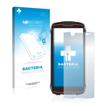 Parte frontal de un envase de producto con el logotipo de la marca upscreen. Al lado se muestra el dispositivo Cubot King Kong