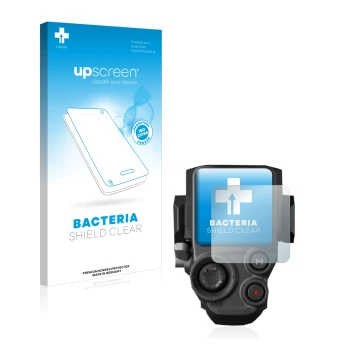 Parte frontal de un envase de producto con el logotipo de la marca upscreen. Al lado se muestra el dispositivo DJI RS 3 con su