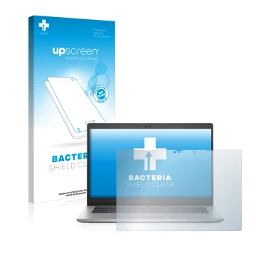 Parte frontal de un envase de producto con el logotipo de la marca upscreen. Al lado se muestra el dispositivo Dell Latitude 5