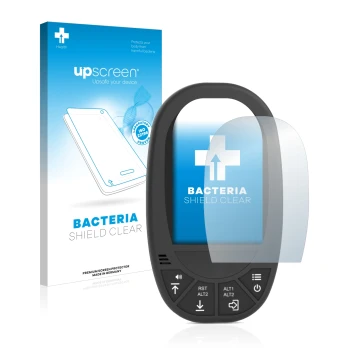 Parte frontal de un envase de producto con el logotipo de la marca upscreen. Al lado se muestra el dispositivo Flymaster GPS L