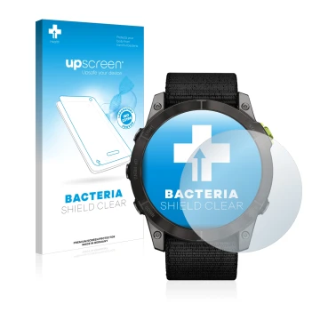 Parte frontal de un envase de producto con el logotipo de la marca upscreen. Al lado se muestra el dispositivo Garmin Enduro 2