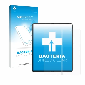 Parte frontal de un envase de producto con el logotipo de la marca upscreen. Al lado se muestra el dispositivo Samsung Galaxy 