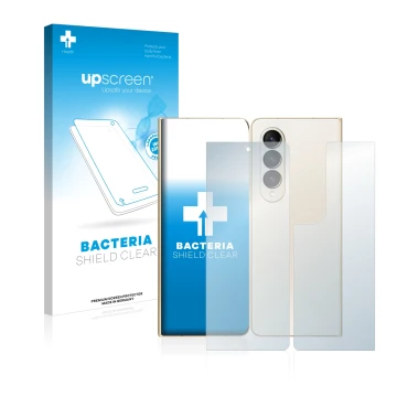 Parte frontal de un envase de producto con el logotipo de la marca upscreen. Al lado se muestra el dispositivo Samsung Galaxy 