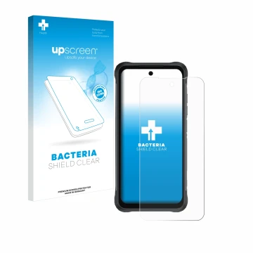 Parte frontal de un envase de producto con el logotipo de la marca upscreen. Al lado se muestra el dispositivo Umidigi Bison 2