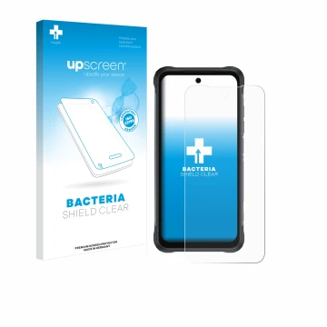 Parte frontal de un envase de producto con el logotipo de la marca upscreen. Al lado se muestra el dispositivo Umidigi Bison 2