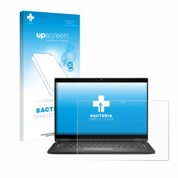 Parte frontal de un envase de producto con el logotipo de la marca upscreen. Al lado se muestra el dispositivo Dell Latitude 7