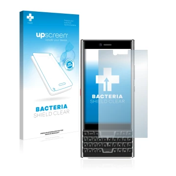 Parte frontal de un envase de producto con el logotipo de la marca upscreen. Al lado se muestra el dispositivo Unihertz Titan 