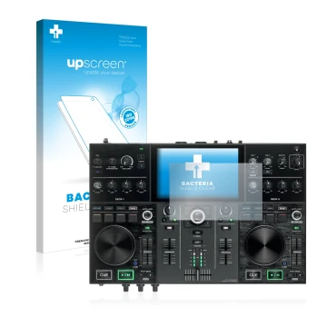 Parte frontal de un envase de producto con el logotipo de la marca upscreen. Al lado se muestra el dispositivo Denon DJ Prime 