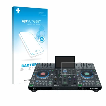 Parte frontal de un envase de producto con el logotipo de la marca upscreen. Al lado se muestra el dispositivo Denon DJ Prime 