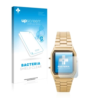 Parte frontal de un envase de producto con el logotipo de la marca upscreen. Al lado se muestra el dispositivo Casio AQ-230GA 
