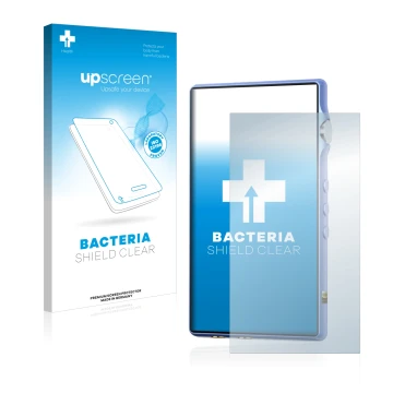 Parte frontal de un envase de producto con el logotipo de la marca upscreen. Al lado se muestra el dispositivo iBasso DX170 co