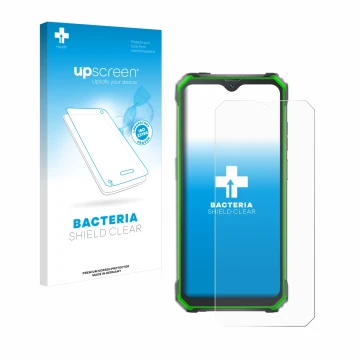 Parte frontal de un envase de producto con el logotipo de la marca upscreen. Al lado se muestra el dispositivo Blackview BV710