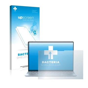Parte frontal de un envase de producto con el logotipo de la marca upscreen. Al lado se muestra el dispositivo Dell XPS 13 931