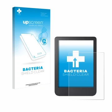 Parte frontal de un envase de producto con el logotipo de la marca upscreen. Al lado se muestra el dispositivo Kobo Clara 2E c