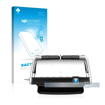 Parte frontal de un envase de producto con el logotipo de la marca upscreen. Al lado se muestra el dispositivo Tefal OptiGrill