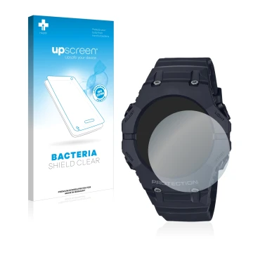 Parte frontal de un envase de producto con el logotipo de la marca upscreen. Al lado se muestra el dispositivo Casio G-Shock G