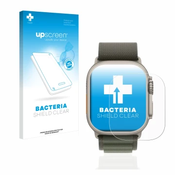 Parte frontal de un envase de producto con el logotipo de la marca upscreen. Al lado se muestra el dispositivo Apple Watch Ult