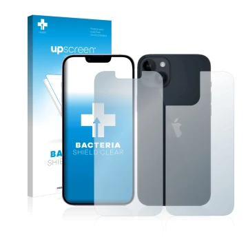 Parte frontal de un envase de producto con el logotipo de la marca upscreen. Al lado se muestra el dispositivo Apple iPhone 14