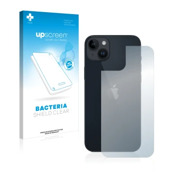Parte frontal de un envase de producto con el logotipo de la marca upscreen. Al lado se muestra el dispositivo Apple iPhone 14