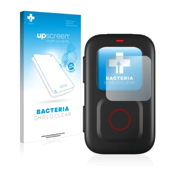 Parte frontal de un envase de producto con el logotipo de la marca upscreen. Al lado se muestra el dispositivo GoPro Remote co