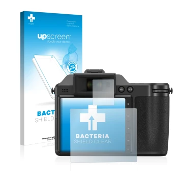 Parte frontal de un envase de producto con el logotipo de la marca upscreen. Al lado se muestra el dispositivo Fujifilm X-H2 c